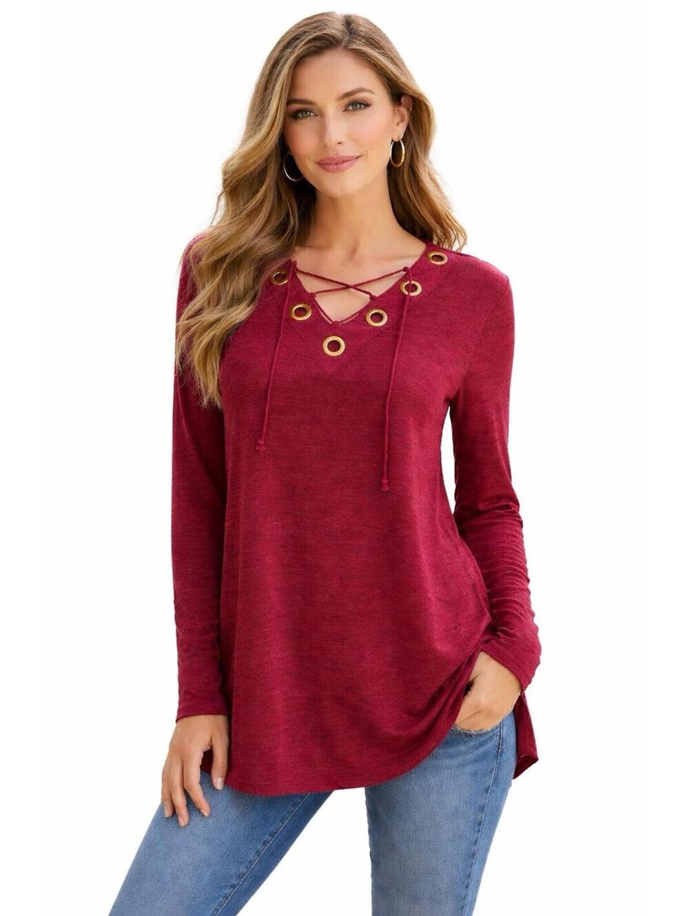Ella Mara NWOT Burgundy Grommet Lace-up Top Long Sleeve Soft Stretch Knit - A8